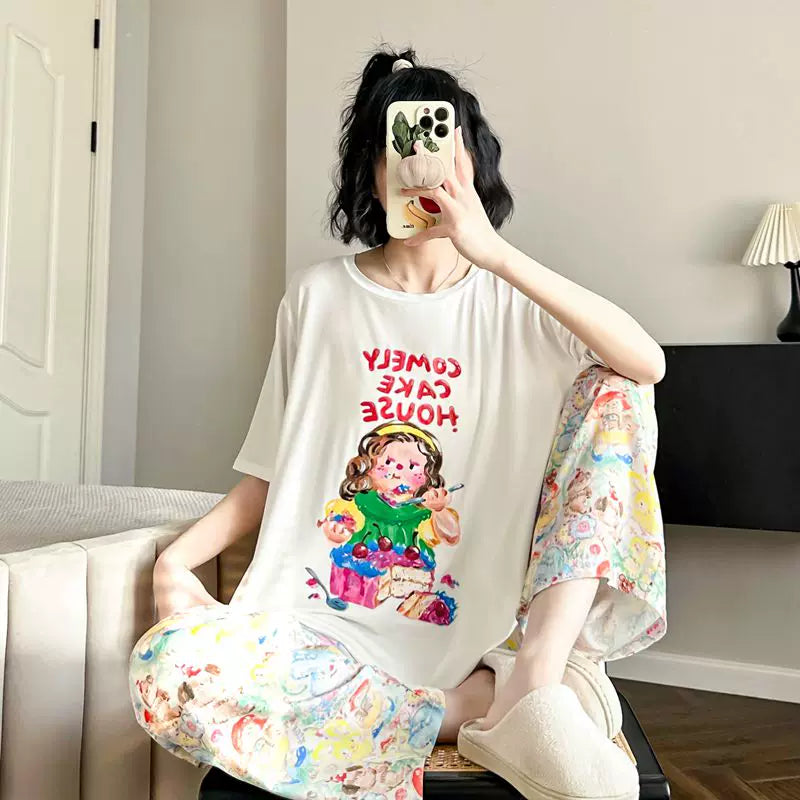 İncə bölmə ~ yağlı boya cizgi filmi modal pijama qadınlar üçün yay qısaqol şalvar buz ipək sərin və sevimli Yapon ev paltarları