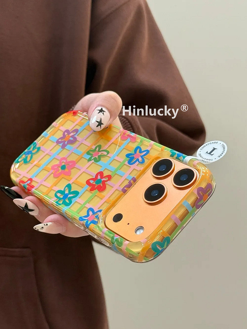 Hinlucky Koreya ins sarı fonda Apple 17 mobil telefon qutusu üçün uyğun rəngli ekose çiçəklər iphone16promax yeni 15 ikiqat qat 14 düşmə əleyhinə qoruyucu örtük 13 super gözəl görünüşlü 17pro niş