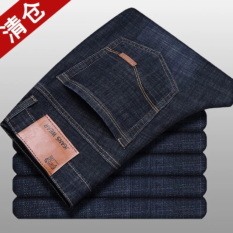 Kişilər üçün Payız/Qış Qalın Dartılan Yun Astarlı Denim Cins Şalvar, Düz Ayaqlı, Boş Formalı, Gündəlik, Böyük Ölçülü, Yüksək Bel, İsti və Quru Şalvar