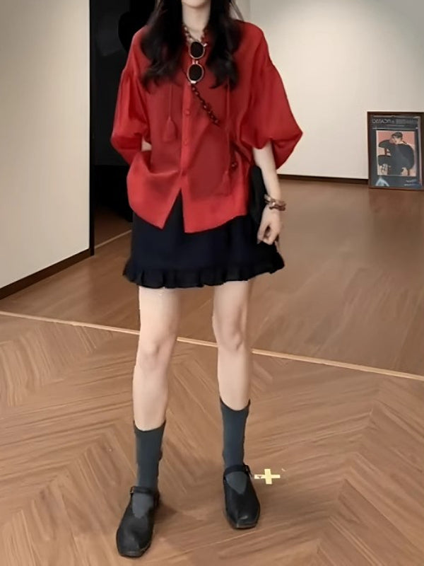 Böyük Ölçülü Qadın Üç Dörddə Bir Qollu Qırmızı Günəşdən Qoruyucu Köynək, Yay Nazik Püsküllü Qalstuk, Boş Oturacaqlı Super Arıqladıcı Köynək