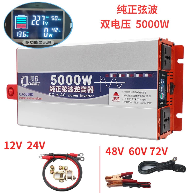 Avtomobil və məişət istifadəsi üçün universal ikiqat gərginlikli təmiz sinus dalğası inverteri 12V/24V-dən 220V/48V/60V/72V-ə qədər geniş gərginlik diapazonu