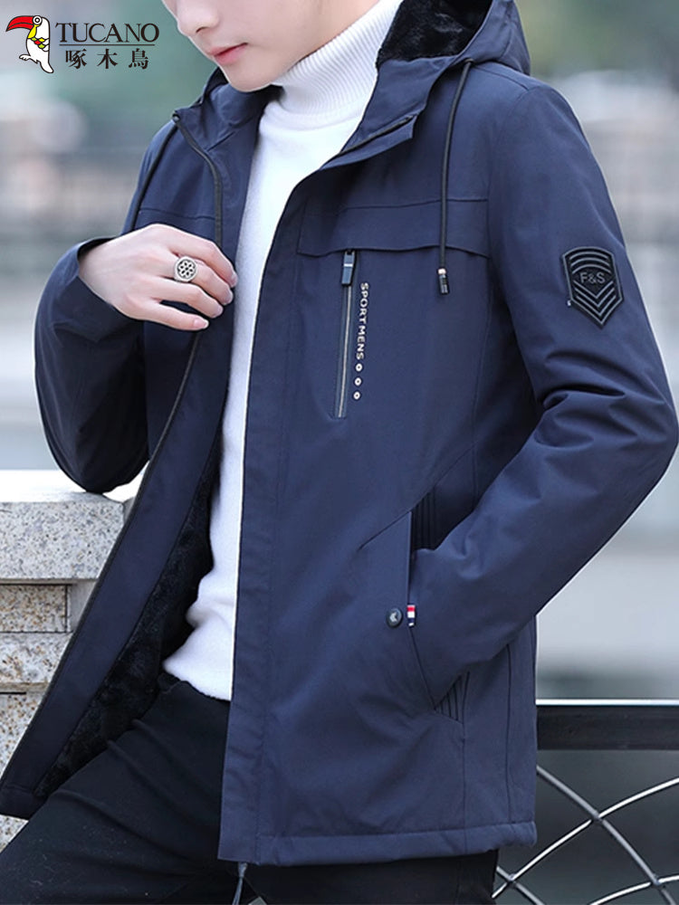 Woodpecker 2025 Payız/Qış Yeni Kişilər üçün Başlıqlı Gündəlik Küləkdən Qoruyucu, Yun astarlı Qalın Üst Geyim