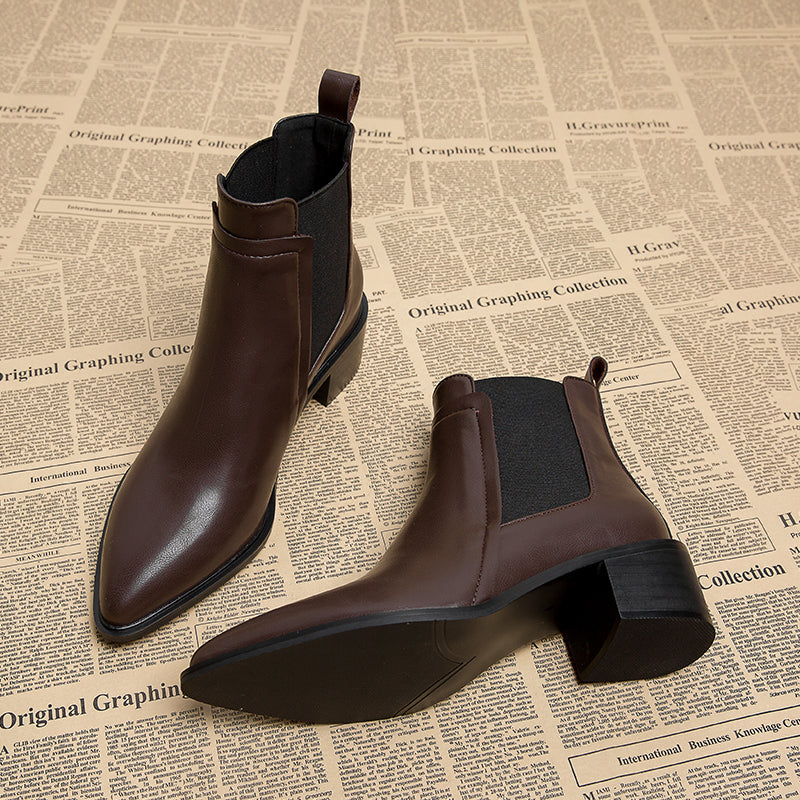 2025 Early Autumn Pointed Toe Mid Heel French Ankle Boots, Thick Heel Chelsea Brown Martin Women's Boots, Spring and Autumn