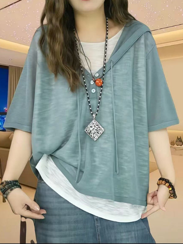 Qadınlar üçün Böyük Ölçülü Yay Süni İki Parçalı Dəbli Qısa Qollu Futbolka, Başlıqlı, Boş Formalı, Qarın nahiyəsini örtən və Arıqladıcı Top