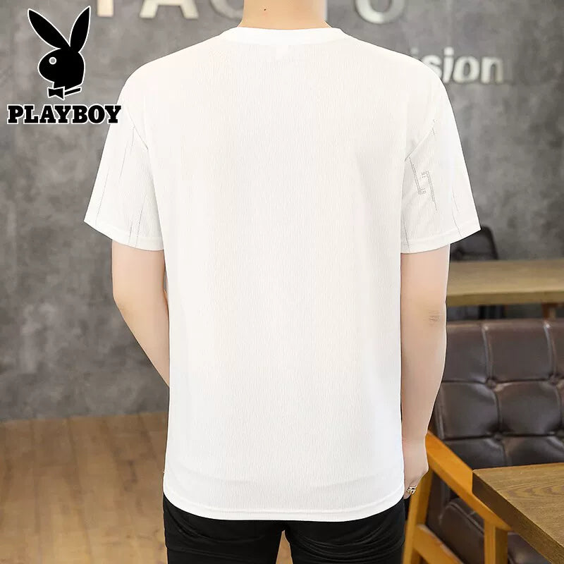 Playboy buz ipək qısaqol kişi köynəyi yeni nəfəs ala bilən tut ipək yarımqol dəyirmi boyun boş top