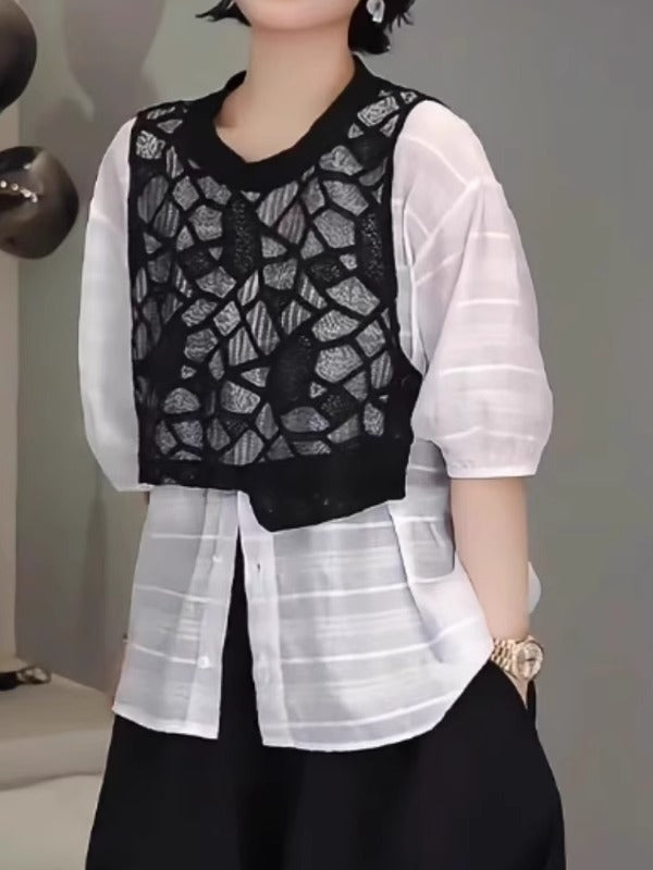 Avropa Stil 2026 Yay Yeni Plus Ölçülü Dizayn Krujeva Yamaqlı Dəyirmi Yaxalı Boş Qısa Qollu Köynək Qadınlar üçün Ən Trendy