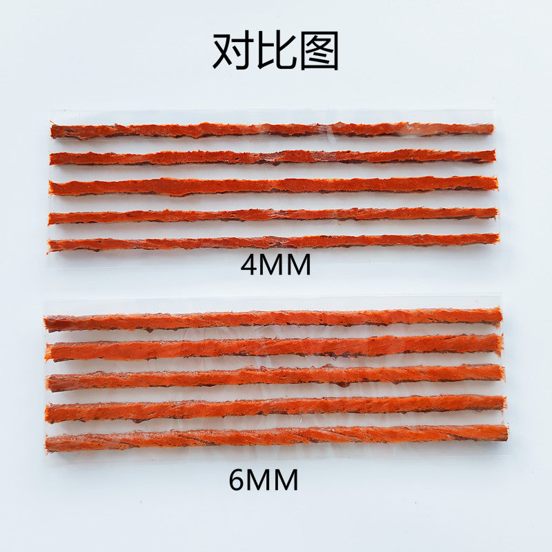 The quick tire repair tool for double-cured tubeless tires uses butyl rubber strips wrapped with polyester thread.