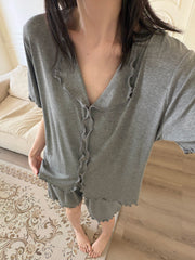Qadınlar üçün pijama yay modal kiçik yaxa göbələk qısaqol şort nazik boş təsadüfi iki parça ev paltarı