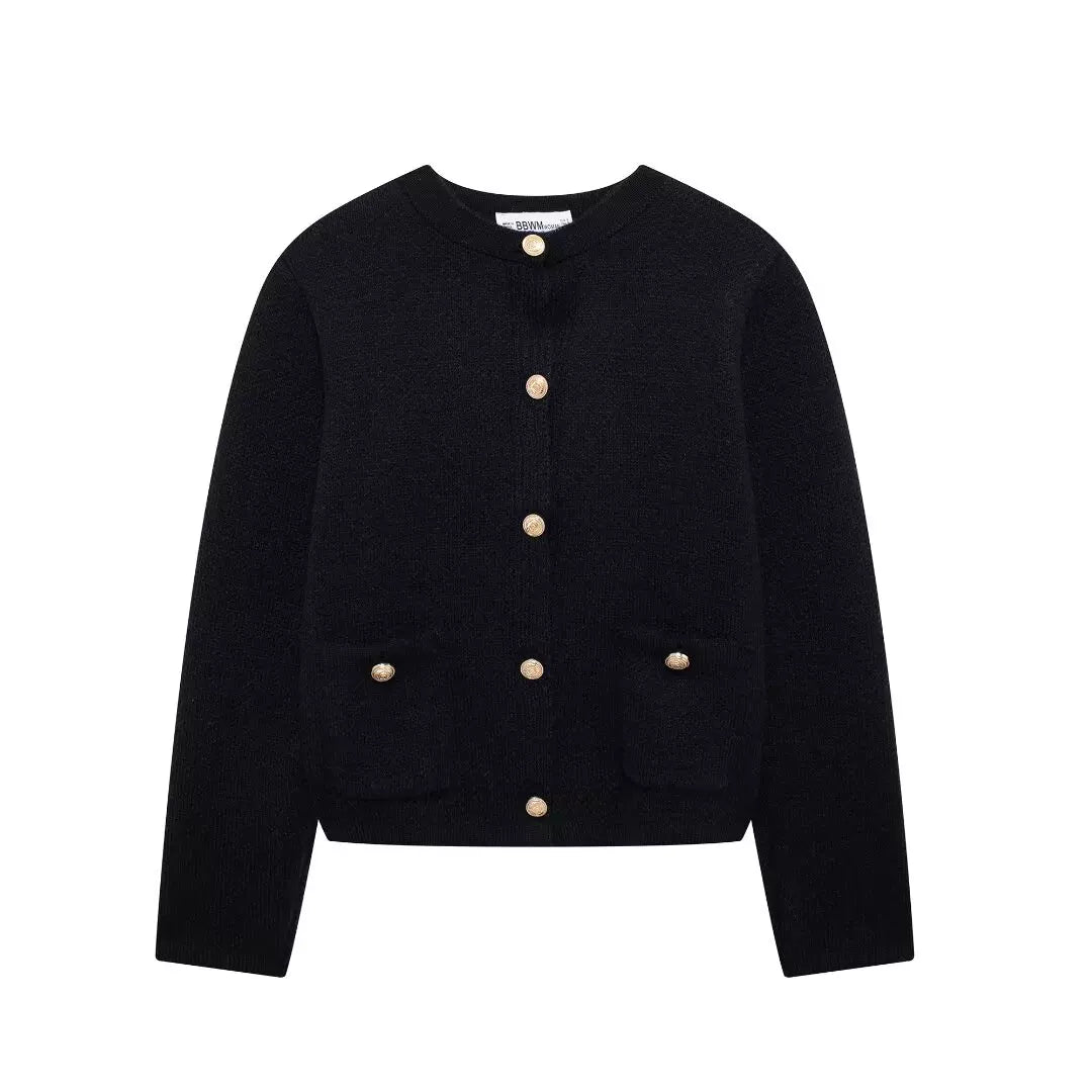 ZA Payız/Qış Yeni Qadın Geyimləri Avropa və Amerika Üslubunda Qızılı Düyməli Uzunqol Dəyirmi Yaxalı Qısa Örgü Kardiqan 6427144