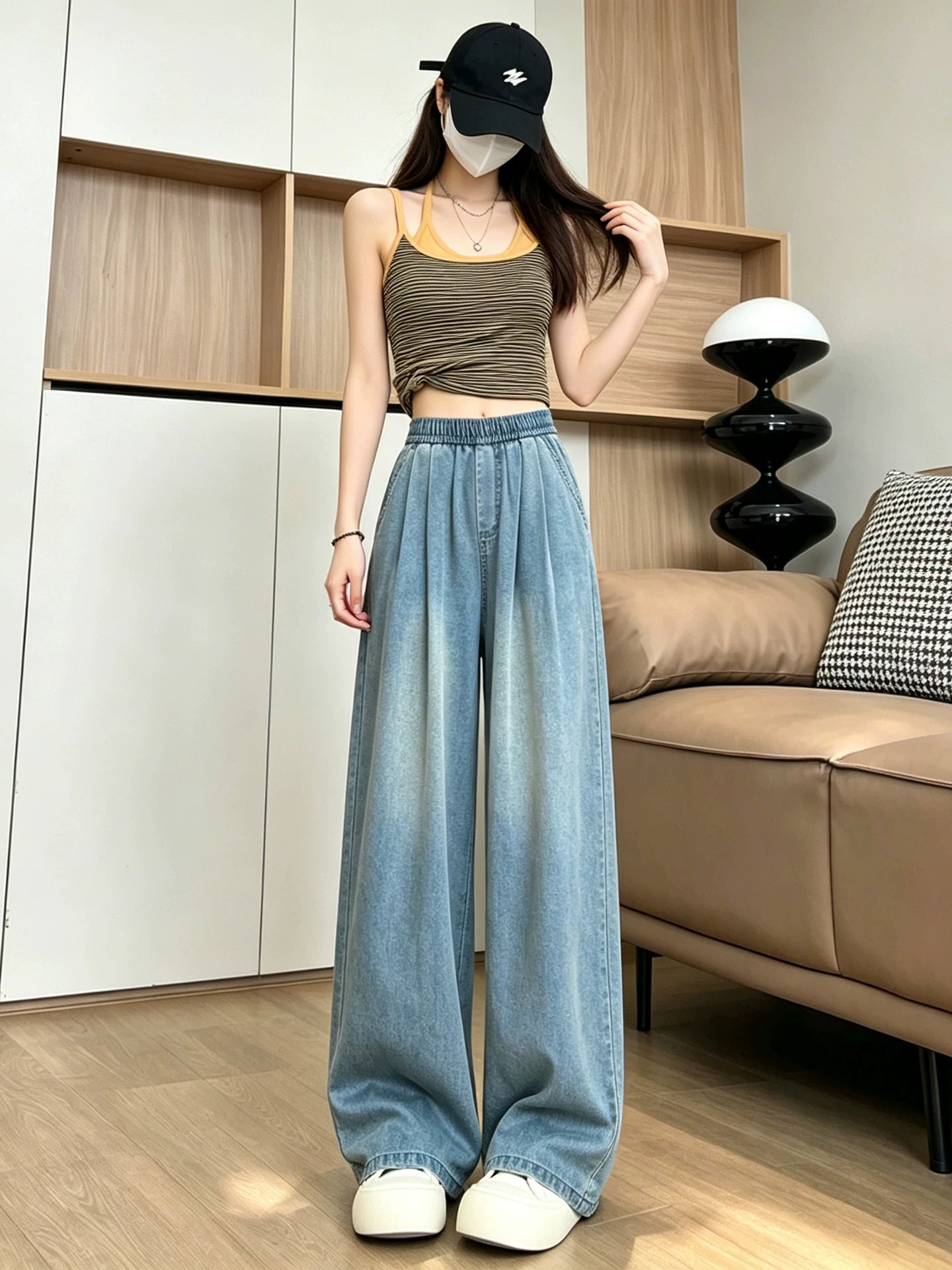Tencel qadın cins şalvar, yay nazik, kiçik, elastik, yüksək belli, dar variant, düz, boş, drapey buz ipək enli paçalı şalvar