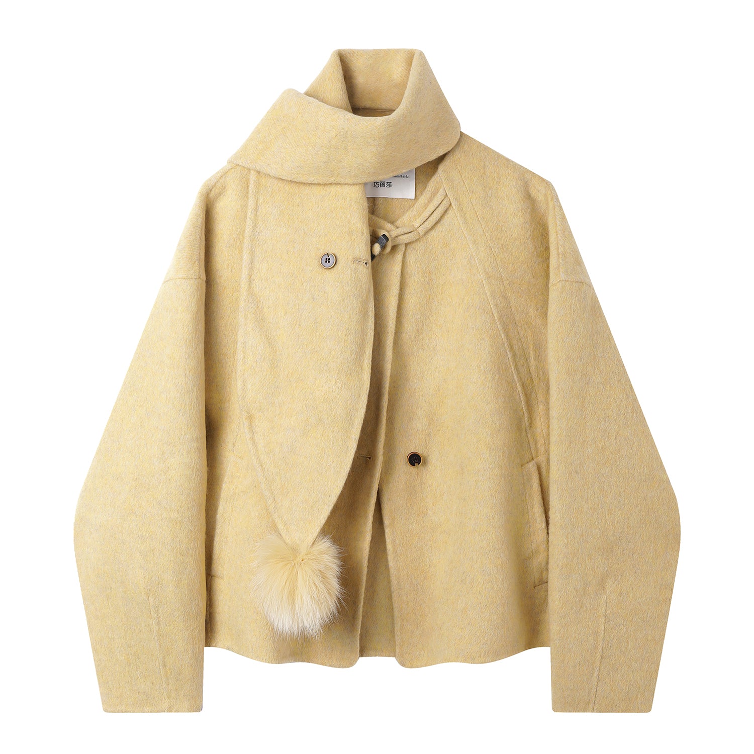 Cholisa-nın çox şirin qalın yun paltosu, zərif, şık və gənc sarı rəngli ikiüzlü yun top.