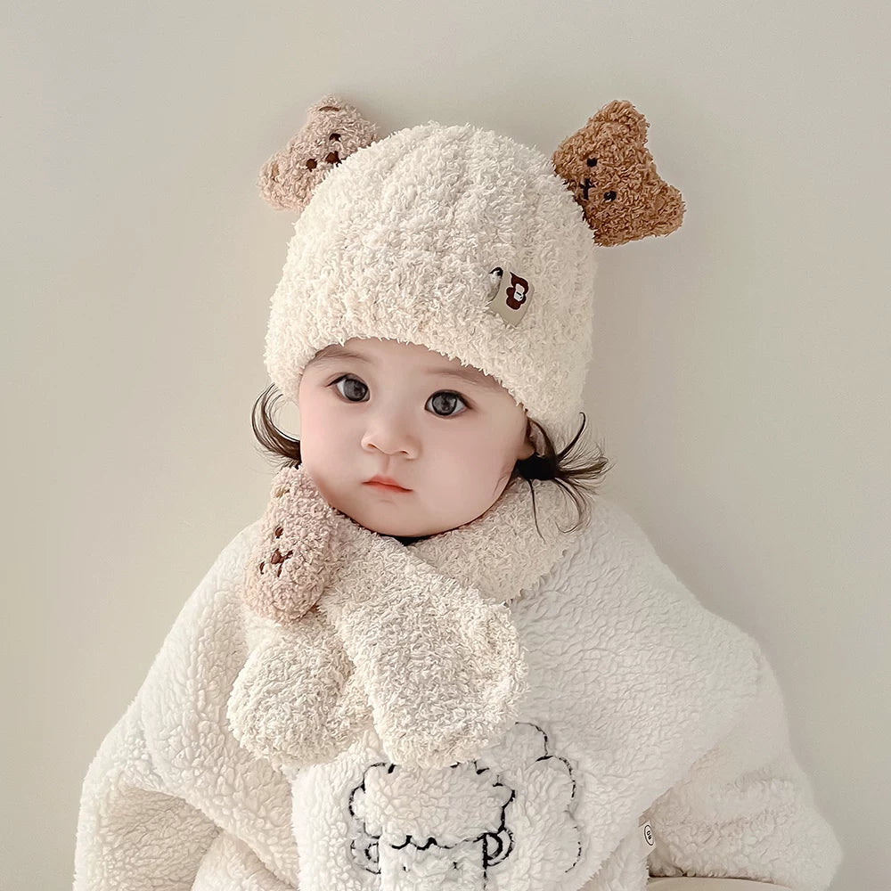 Körpə papağı və şarfı iki hissəli dəst, şirin ayı körpəsi qulaqcıqlı papaq, qalın və isti, oğlan və qızlar üçün, payız və qış üçün idealdır.