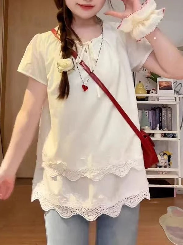 Böyük ölçülü, fransız üslubunda, içi boş, çoxqatlı krujeva bluza, 2026-cı ilin yayı, böyük ölçülü qadınlar üçün boş formalı, arıqladıcı və şık top.