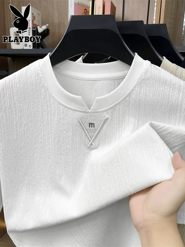 Playboy buz ipək qısaqol kişi yay kiçik V dəyirmi boyun top moda trendi çox yönlü sərin köynək