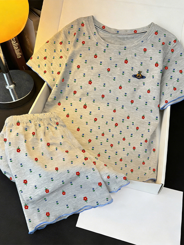Qadınlar üçün retro çiçəkli pijama yay 2026 yeni şirin böyük ölçülü qısaqol şalvar yay təmiz pambıq ev paltarı dəsti