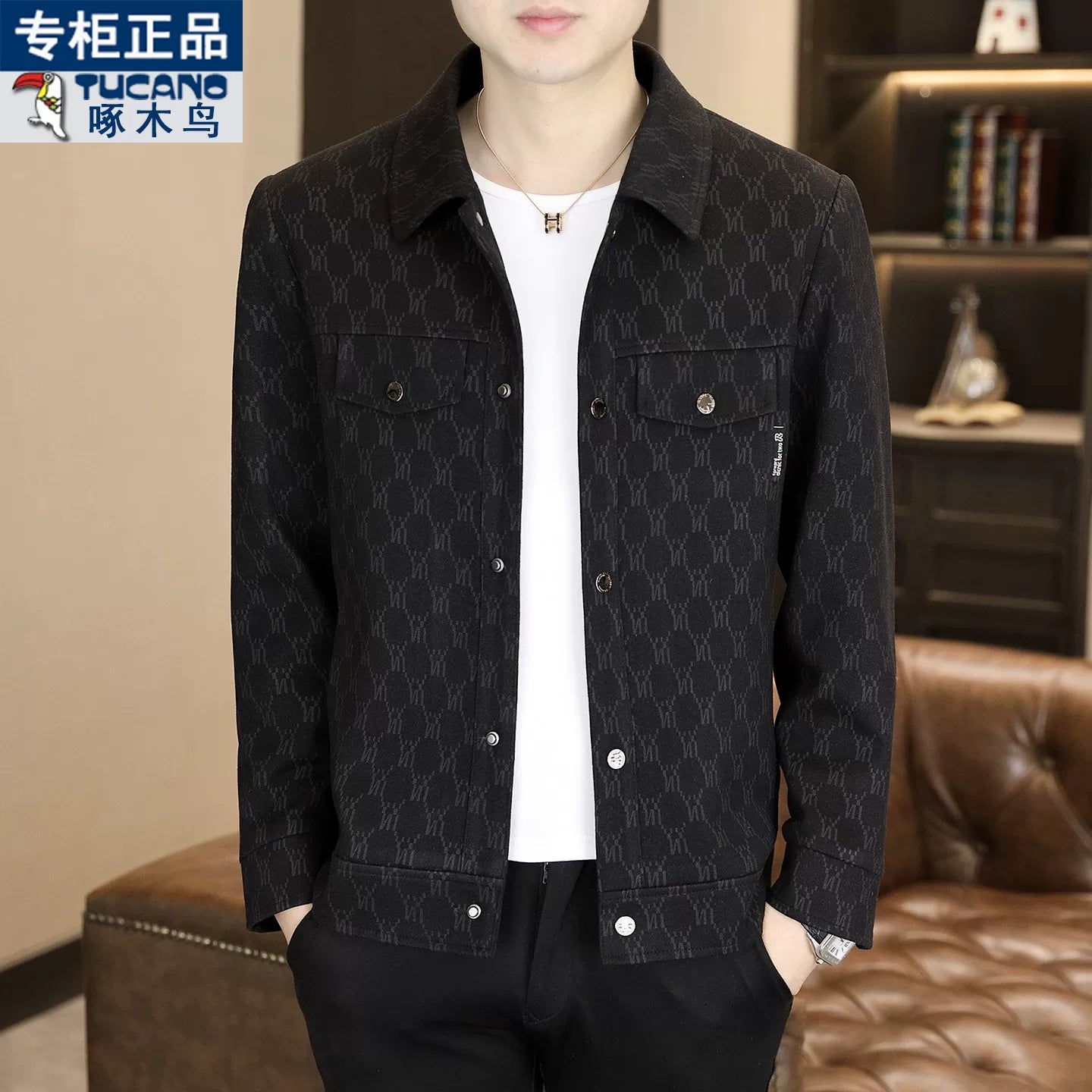 Ağacdələn Payız/Qış Kişilər üçün Yüksək Keyfiyyətli Yun Astarlı Dəbli Yaxalıqlı Gündəlik Gödəkçə