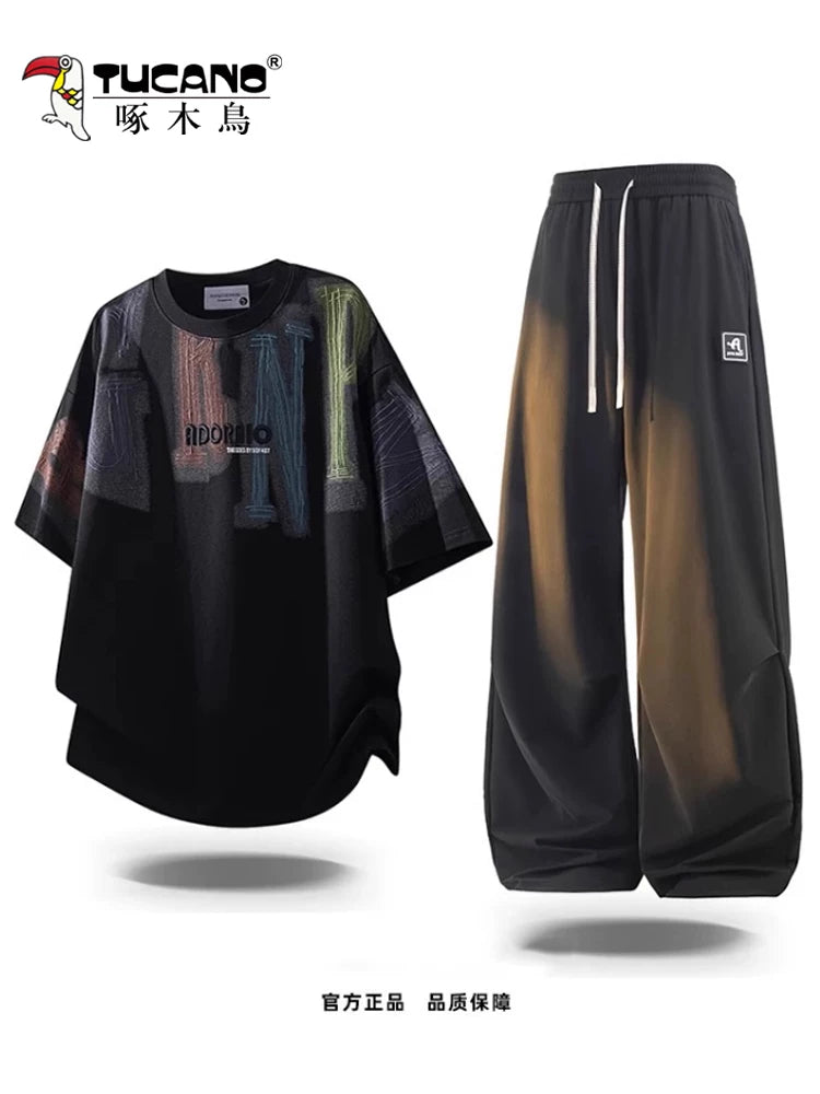 Ağacdələn Yay Təsadüfi İdman Kostyumu Kişi Moda Dəyirmi Yaxa Qısaqol T-Shirt Boş Kişi Geyimi Şalvar
