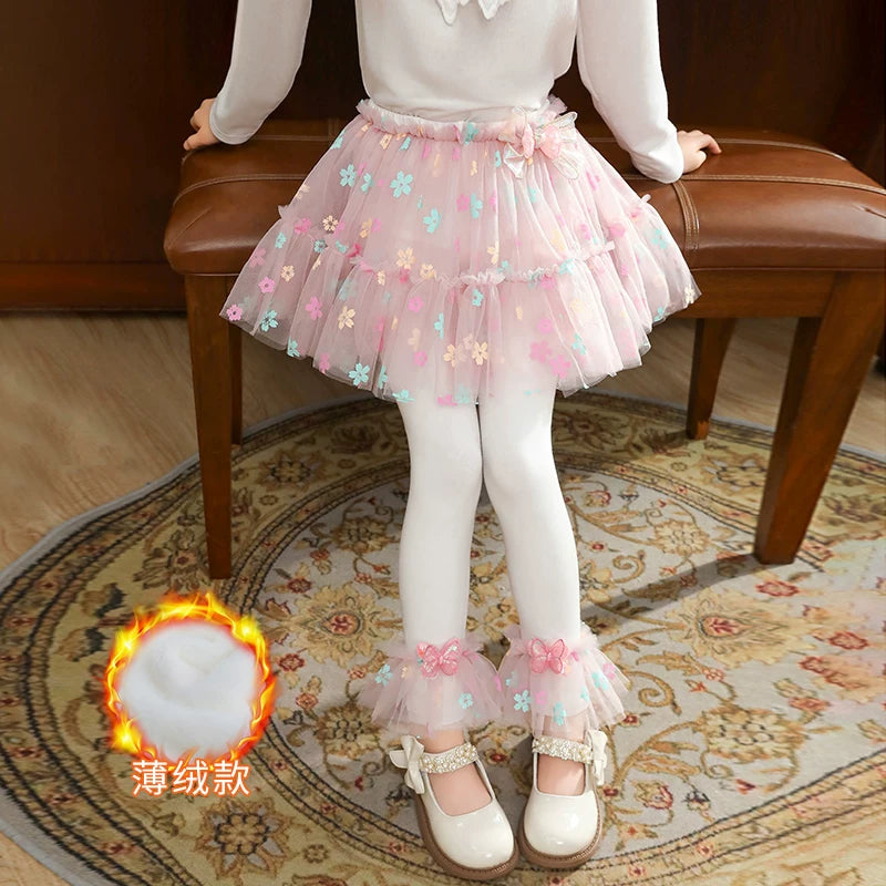 Qızlar üçün bir hissəli ətək şalvarları, 2025-ci ilin yaz və payız mövsümü üçün yeni model uşaq qış geyimləri, flis astarlı, süni iki hissəli leqinslər, ağ, çöldə geyinmək üçün.