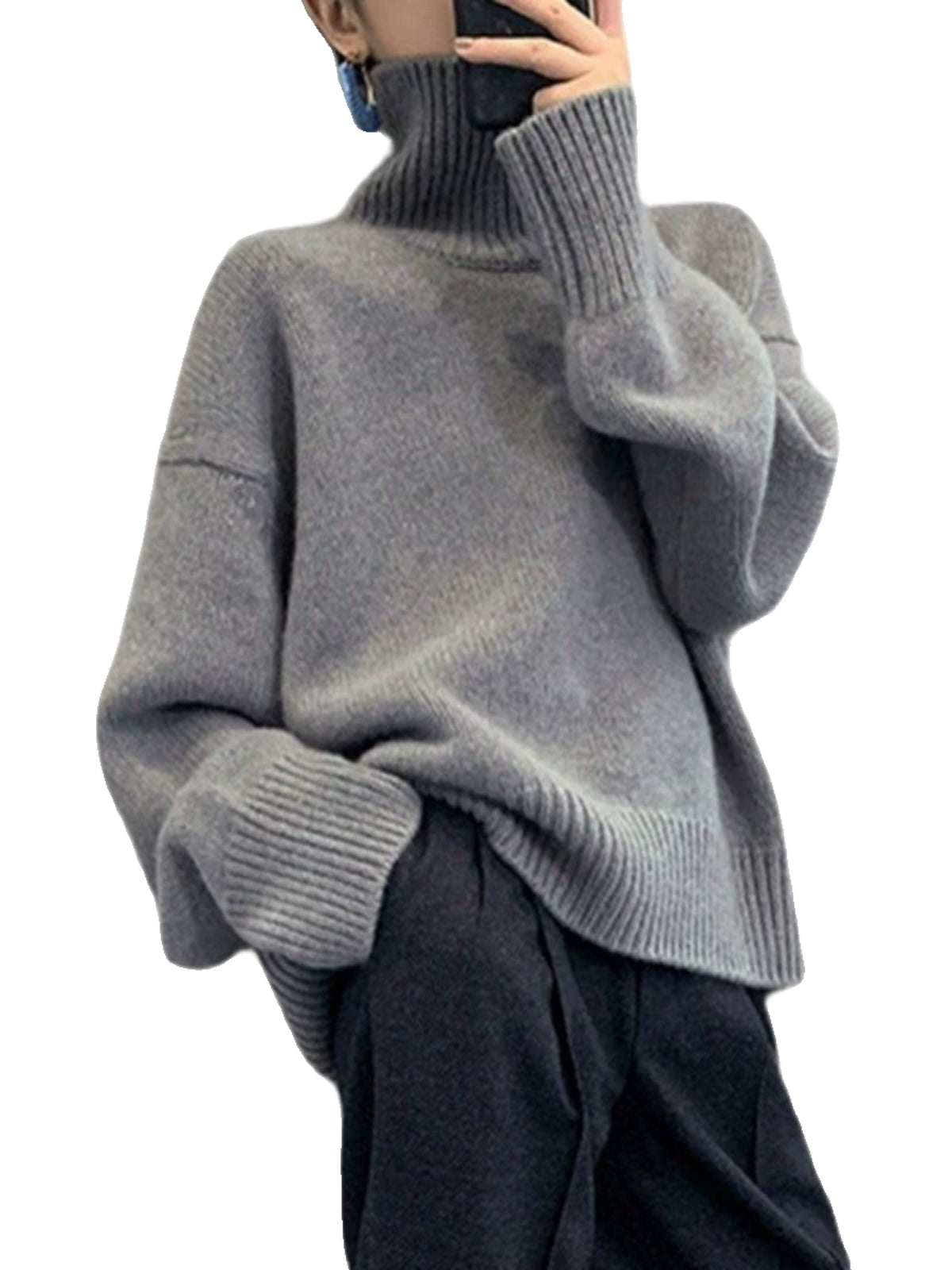 Qalın süni yun toxunmuş sviter, hündür yaxalı, rahat stil, qadın payız və qış daxili təbəqəsi, boş xarici təbəqə əsas üst hissə