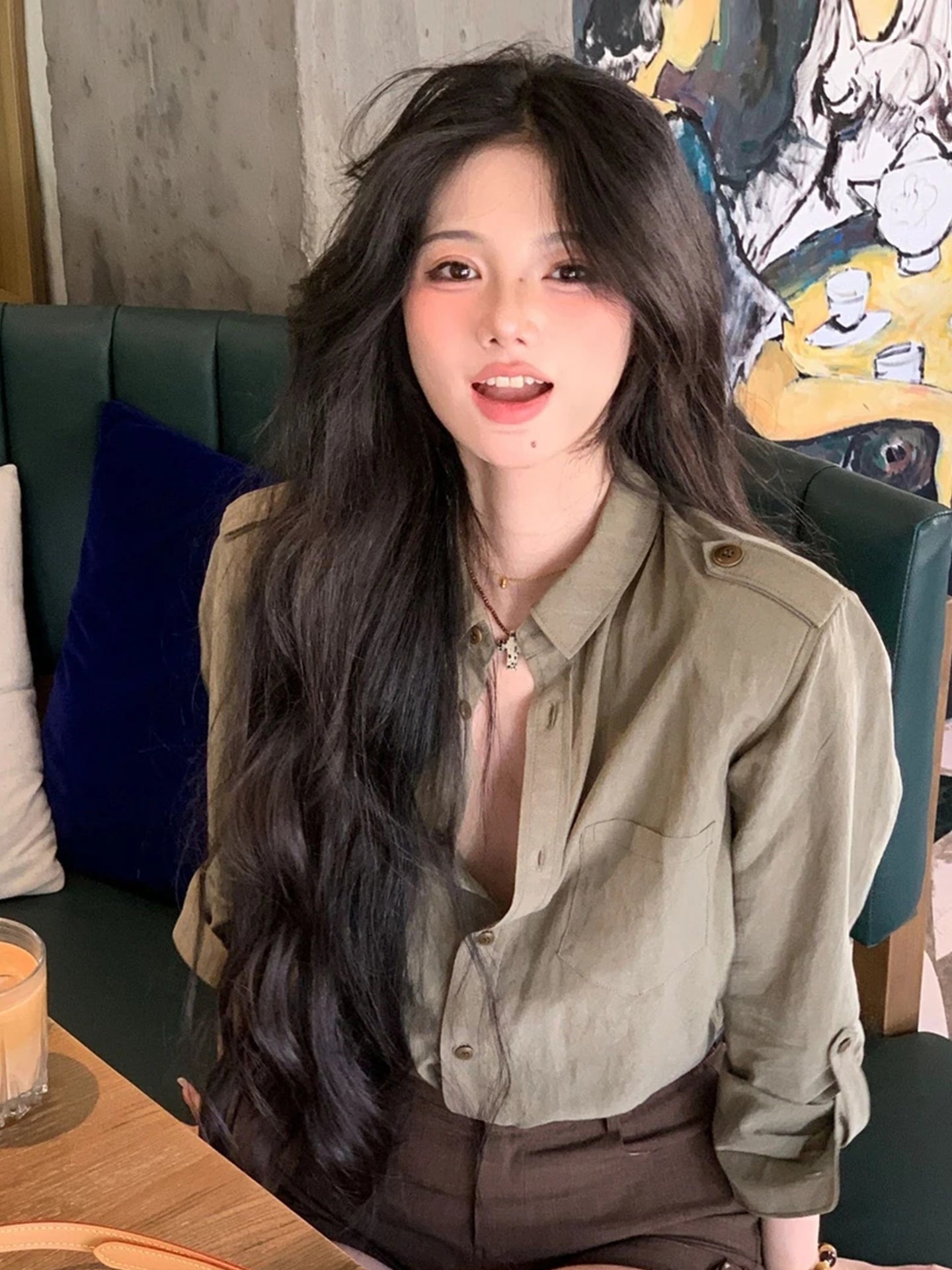 [Rahat Stil] Qadınlar üçün Yay Koreya Retro Boş Tək Döşlü Dizaynlı Yaxalı Uzun Qollu İş Köynəyi