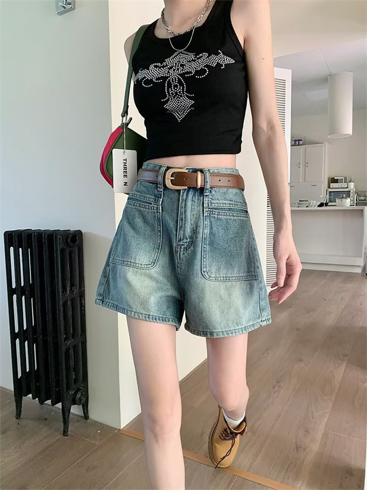 2026-cı il yayında qadınlar üçün yeni retro yüksək belli denim şortlar, arıqladıcı, geniş ayaqlı A-xəttli isti şalvar
