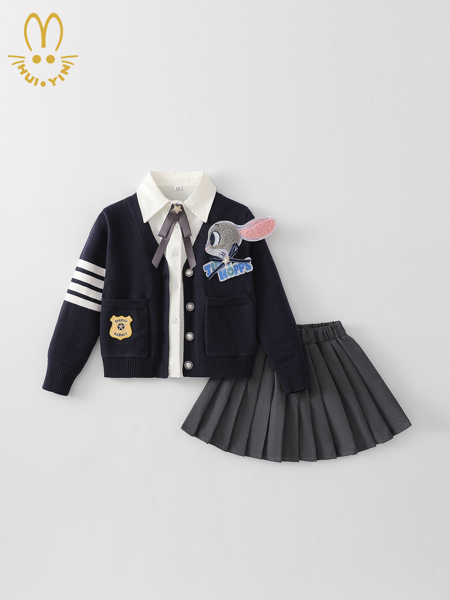 Yeni payız üslubunda qızlar üçün dovşan polis məmuru sviteri üç hissəli dəst, JK ətəyi, dəbli payız və qış uşaq ad günü geyimləri
