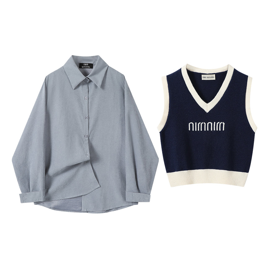 Chorlisa Erkən Payız Fransız Dizaynlı Qəşəng Uzunqol Köynək Dəsti, Qadınlar üçün Dəbli və Zərif Jilet İki Hissəli Dəst