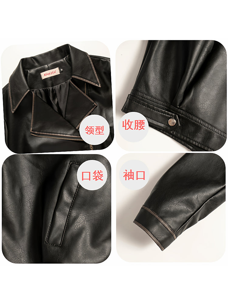 Qadınlar üçün qara yaxalı dəri gödəkçə, 2025 Yeni Amerika Retro Motosiklet Stilində Boş Qısa Gödəkçə Top