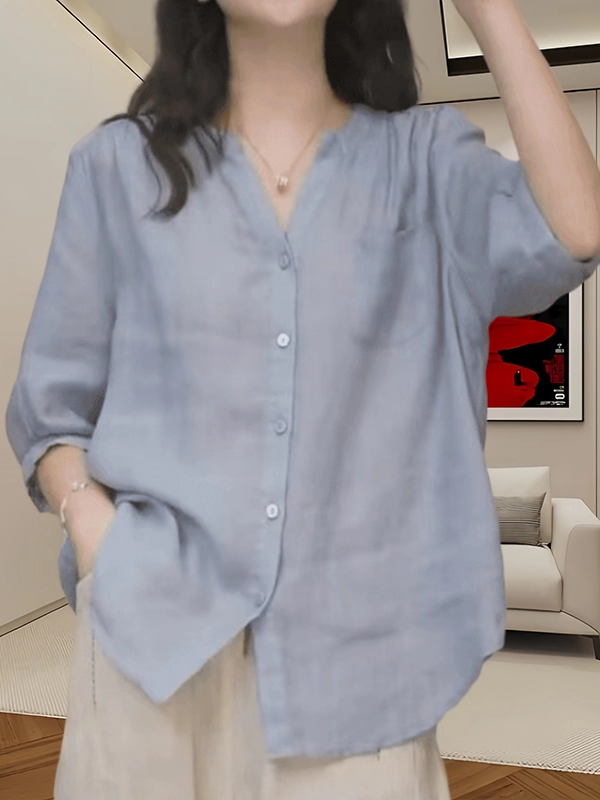 Nazik rami köynək, yay üslubunda, böyük ölçüdə, dəbli və boş V-yaxalı, düz rəngdə, çoxfunksiyalı köynək, orta uzunluqlu qollar, arıqladıcı köynək.