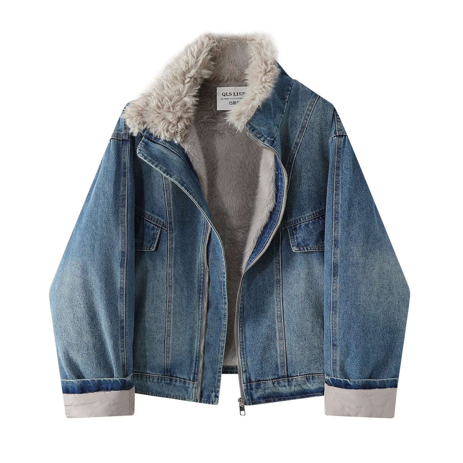 Cholisa Qadınlar üçün Yun Astarlı Qalın Denim Gödəkçə 2025 Yeni Amerika Stilində Quzu Yunlu Gödəkçə Qış Tüklü Top