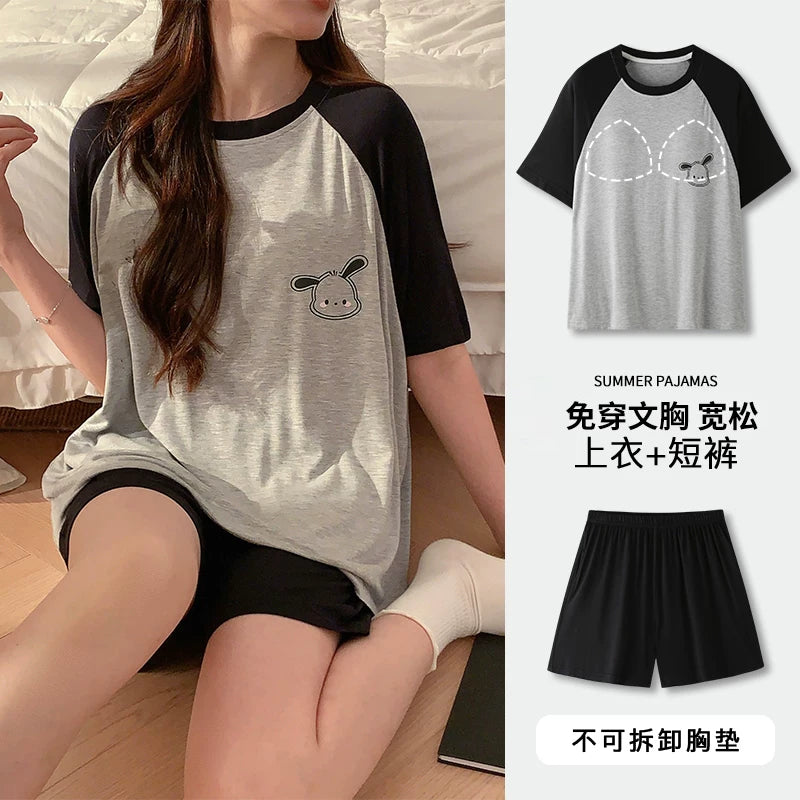 Yay Qadın Pijama Dəsti 2026 Yeni Modal Buz İpək Nazik Qısaqol Döş Yastıqları ilə Böyük Ölçü Ev Geyimi