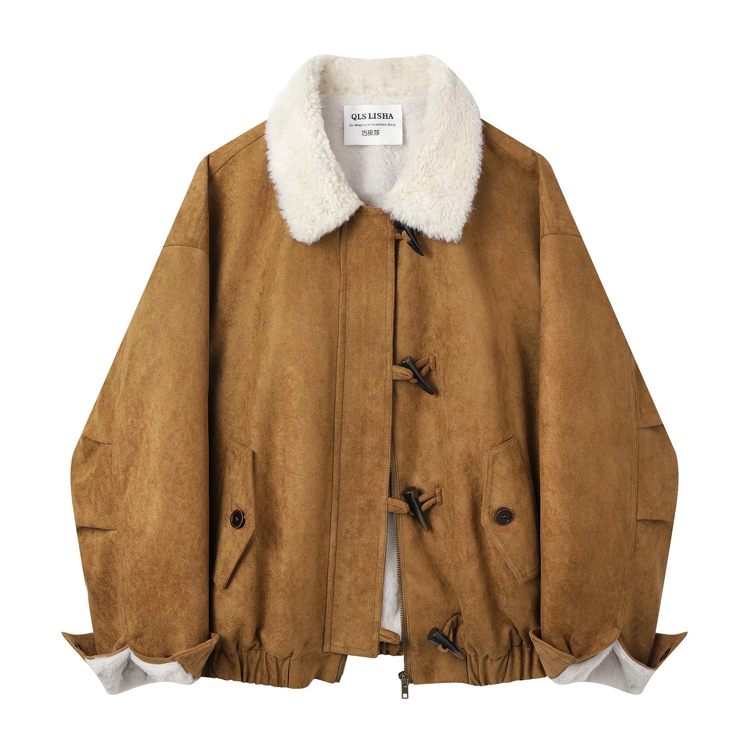 Cholisa Lambswool Zamşa Gödəkçə, Payız/Qış 2025 Yeni Qadın Dəbli Yun Astarlı Qalın İsti Gödəkçə