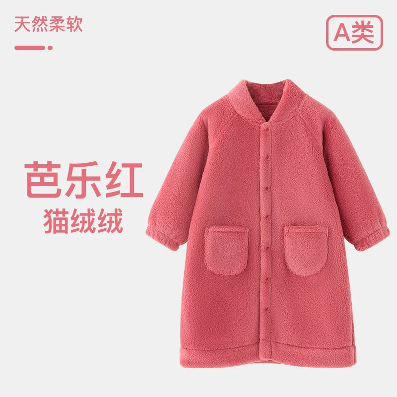 Körpə qış isti xalat, körpə pijamaları, oğlan və qızlar üçün yun astarlı, qalınlaşdırılmış uşaq mərcan yun ev xalat pijamaları