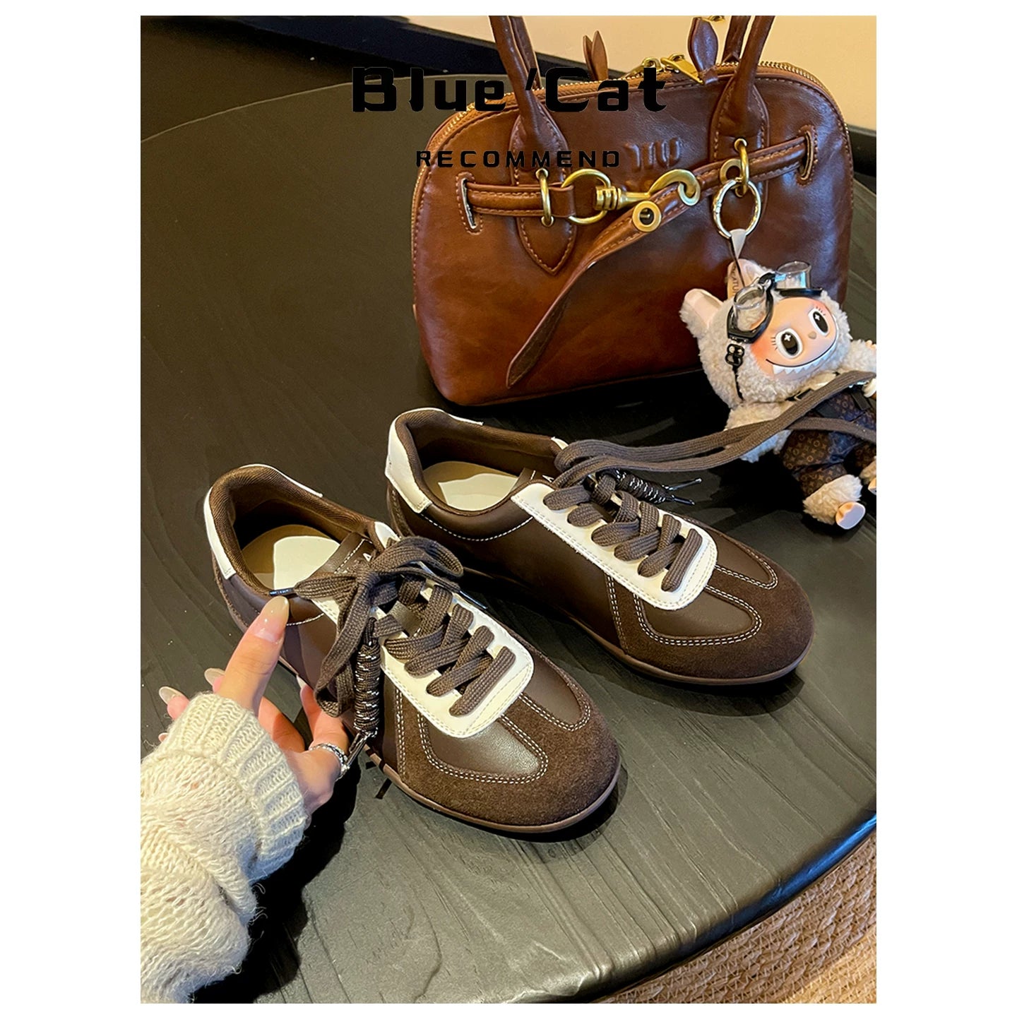 Super soft lambskin~ Maillard brown German sneakers for women, hidden wedge heel, 2025 fall new fashion, lace-up casual shoes.