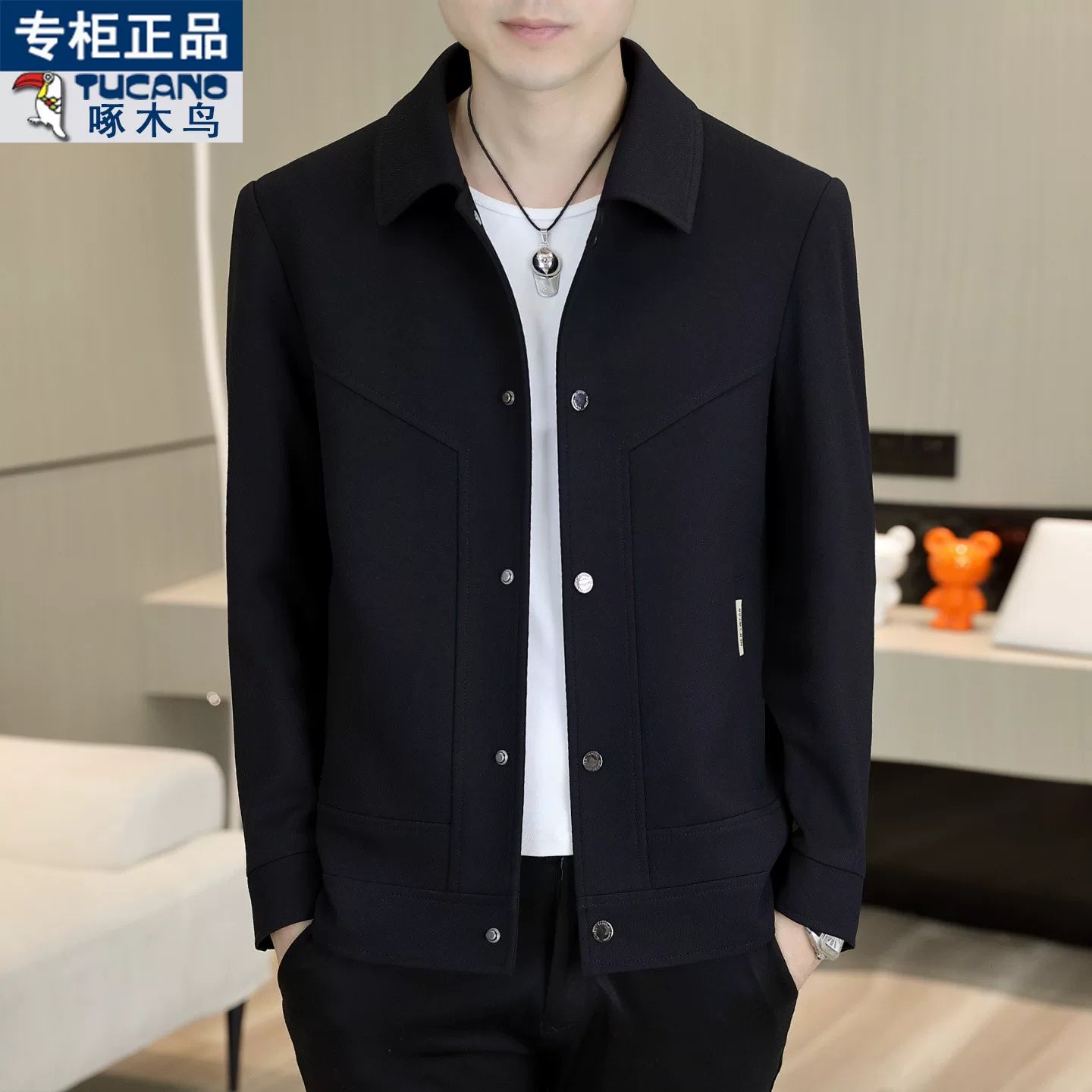 Ağacdələn Payız/Qış Kişilər üçün Yüksək Keyfiyyətli Yun Astarlı Dəbli Yaxalıqlı Gündəlik Gödəkçə