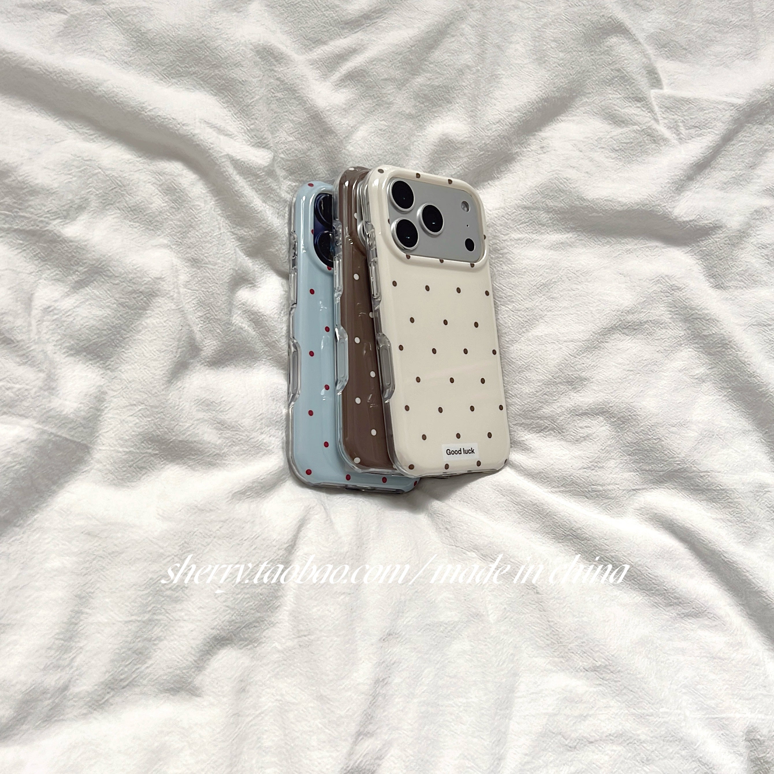 SHERRY*ins üslubu, yüksək səviyyəli üslub, zərif təzadlı rəngli polka nöqtələri, Apple 17ProMax mobil telefonu üçün uyğun iPhone16Pro niş qız ürəyi 15 sadə 14 kiçik təzə cizgi filmi sevimli payız