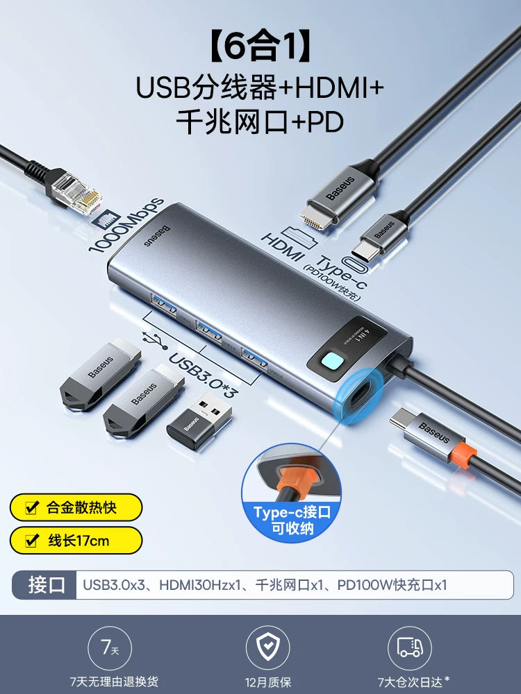 Baseus dok stansiyası Type-C-dən HDMI proyeksiyasına USB splitter adapter mərkəzi Kompüterlər, iPad-lər, noutbuklar, planşetlər və mobil telefonlar üçün Thunderbolt 4 çoxportlu Ethernet çeviricisi