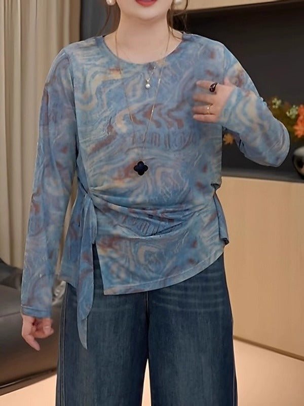 Böyük ölçülü, niş dizaynlı, tay-boya naxışlı torlu futbolka, erkən yaz yeni stili, böyük ölçülü qadınlar üçün arıqladıcı uzunqol köynək.