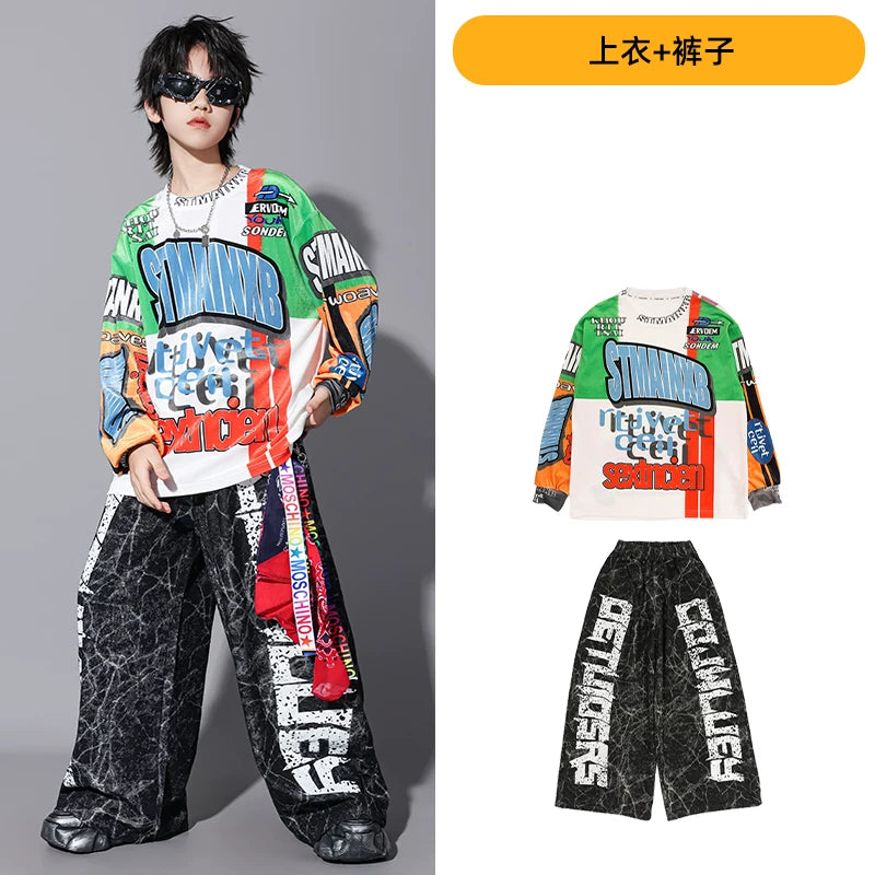 Uşaq küçə rəqsi tamaşası kostyumu, oğlan və qızlar üçün hip-hop üslubunda küçə tərzi geyimi, Yeni il günü üçün sərin və dəbli tamaşa geyimi.