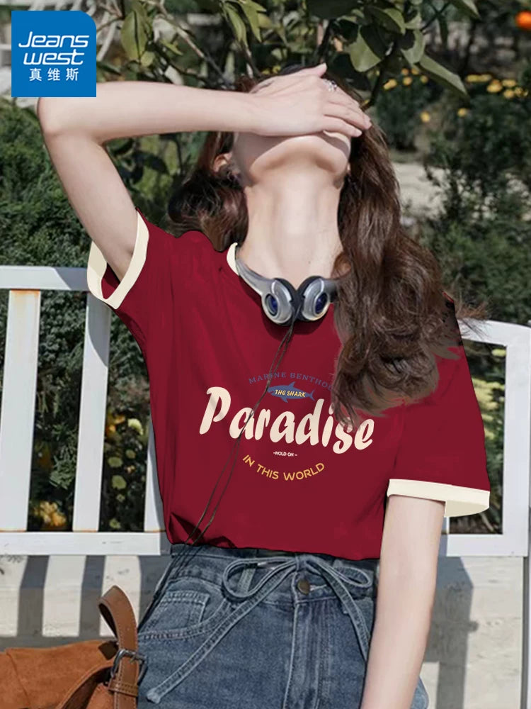 Jeanswest Sağ Çiyin Qısaqol T-shirt Qadın Yay 2026 Yeni Dikişli Kontrast Rəngli Saf Pambıq Yarımqol T-shirt Çox Yönlü Top X