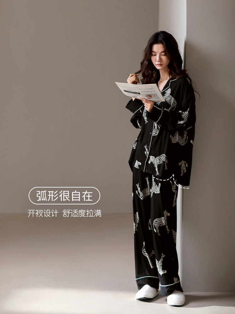 Jialefen Qadınlar üçün Yaz və Payız Modalı Uzunqollu Ev Geyimi Yay İncə Zebra Dəsti Qara Yüksək Ucuz Stil