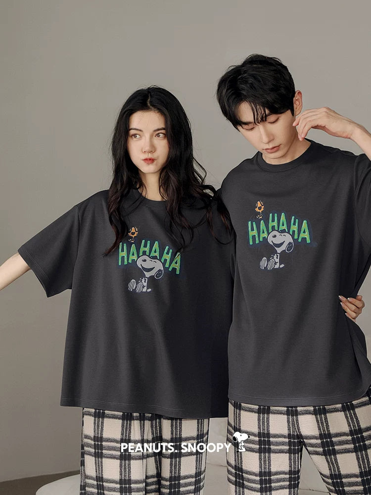 Beiyan yay nazik pambıq qısaqol cüt pijama qadınlar üçün Snoopy sərin ev geyimi təsadüfi böyük ölçülü kişi kostyumu