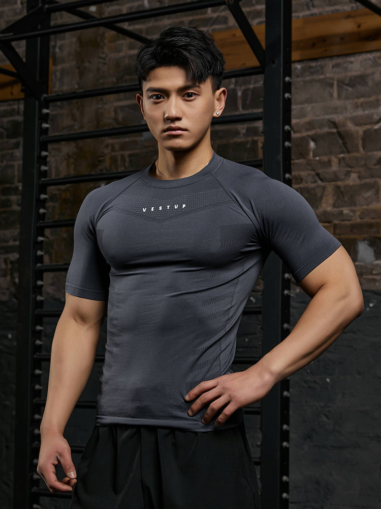 Vest Up Amerika slim fit tikişsiz fitnes qısaqol kişi teksturalı qısaqol yüksək elastik qırış əleyhinə tayt kişi köynəyi