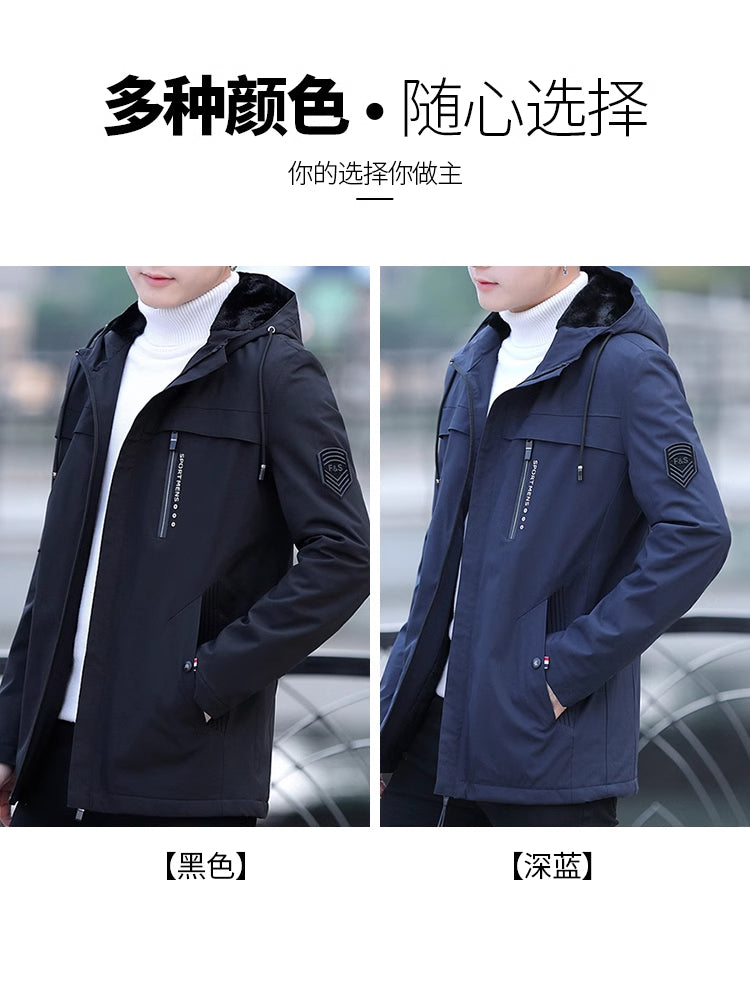 Woodpecker 2025 Payız/Qış Yeni Kişilər üçün Başlıqlı Gündəlik Küləkdən Qoruyucu, Yun astarlı Qalın Üst Geyim