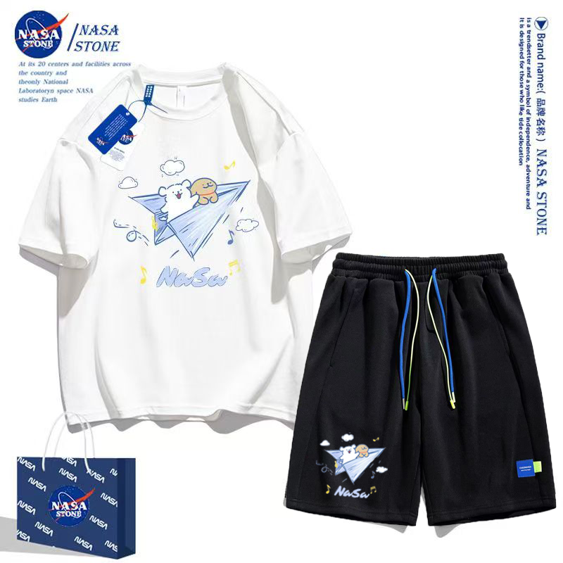 NASA kobrendli cizgi filmi qısaqol şort kostyumu 2025 yay moda markası təmiz pambıq köynək kişi və qadın idman beş nöqtəli şalvar