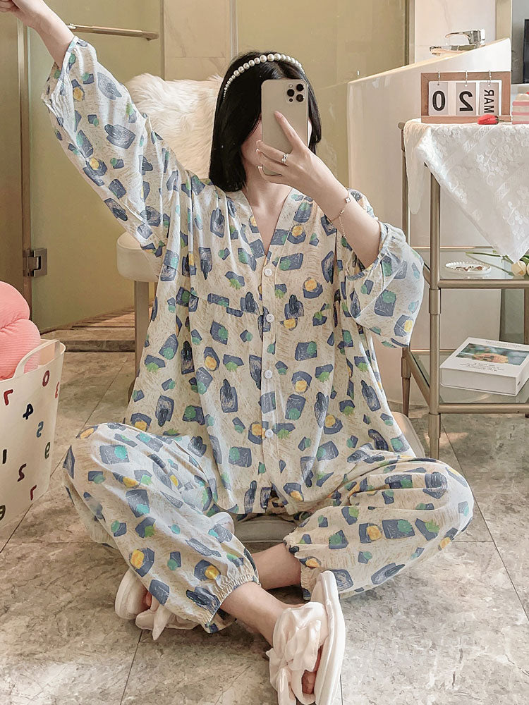 Qadınlar üçün 2026 yeni pambıq ipək pijama, yay süni pambıqlı ev paltarları, yay üç rüb qollu kostyumlar, çöldə geyilə bilər