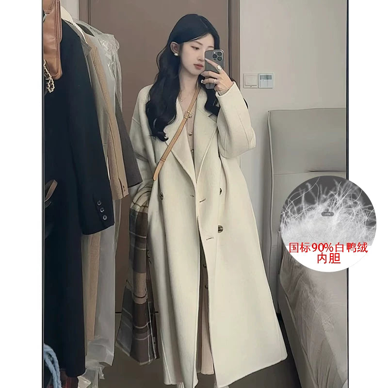 Hündür qadın üçün ikiüzlü yun palto, əlavə uzun, 2025 payız/qış üslubunda, boz, Koreya üslubunda, tüklü yun palto.