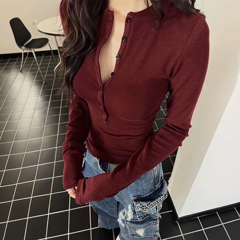 İncə Fit Uzun Qollu Futbolka Qadınlar üçün 2026 Yeni Model, Çiyinləri Müəyyən Edən Futbolka, Bir Az Qalın, Erkən Payız Daxili Qatlı Köynək, Ankera Qırmızı Top