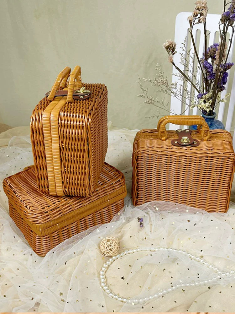 Təqlid rattan çamadan Yeni il toyu toy müşayiəti hədiyyə qutusu əl ilə toxunmuş foto rekvizit böyük retro qutu