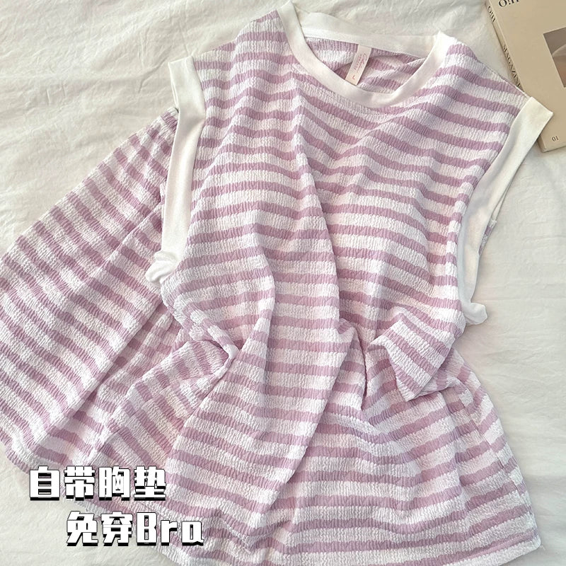 Qadınlar üçün gecə paltarı Yay Modal Pambıq Qolsuz Jilet Döş Yastıqlı Pijama Qadınlar üçün Yay 2025 Yeni Ev Geyimi